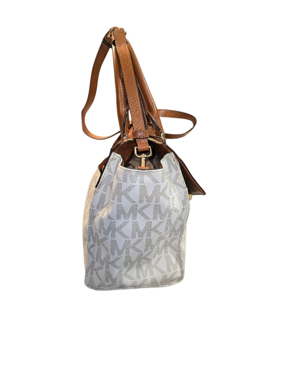 Michael Kors Tan Leather and Cream MK Logo Satchel with Gold Accents - Picture 4 of 10